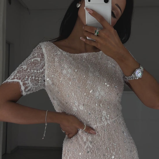 Viola white Chantilly lace mini dress with crystals – video