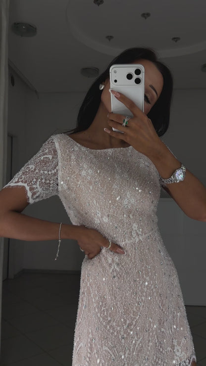 Viola white Chantilly lace mini dress with crystals – video