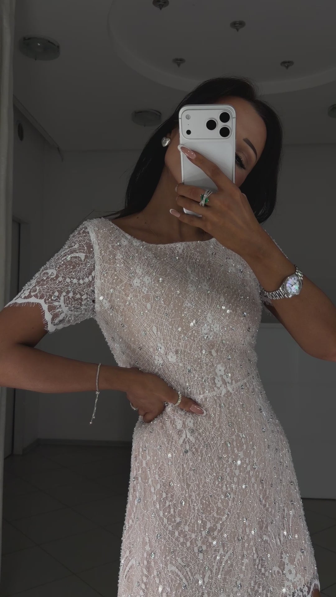 Viola white Chantilly lace mini dress with crystals – video