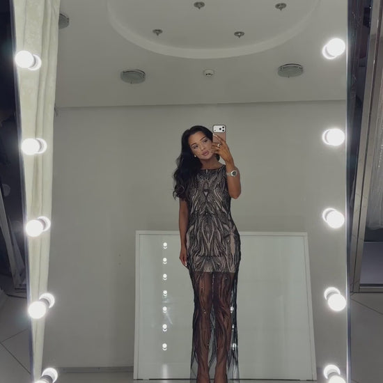 Black beaded evening dress Irma with nude lining - video
