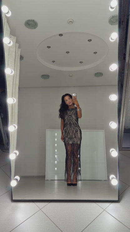 Black beaded evening dress Irma with nude lining - video