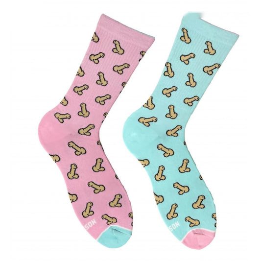 Pink and turquoise mismatched socks - pair with cheeky cartoon pattern, front view