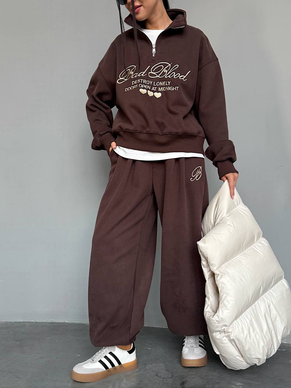 Chocolate brown embroidered fleece tracksuit - half-zip sweatshirt and wide-leg trousers, full look