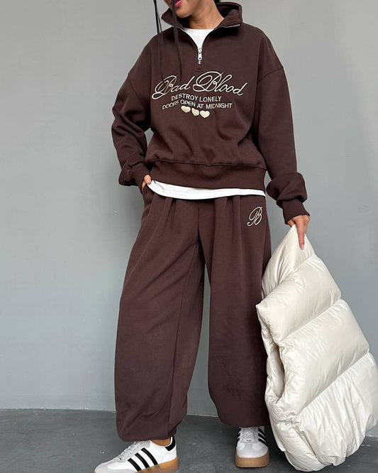Chocolate brown embroidered fleece tracksuit - half-zip sweatshirt and wide-leg trousers, full look