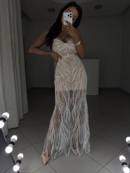 White beaded guipure evening dress Royal - front view, model posing with hand on hip