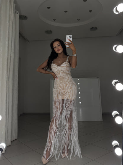 Royal white maxi evening gown with sweetheart bodice and beaded straps - full-length front view