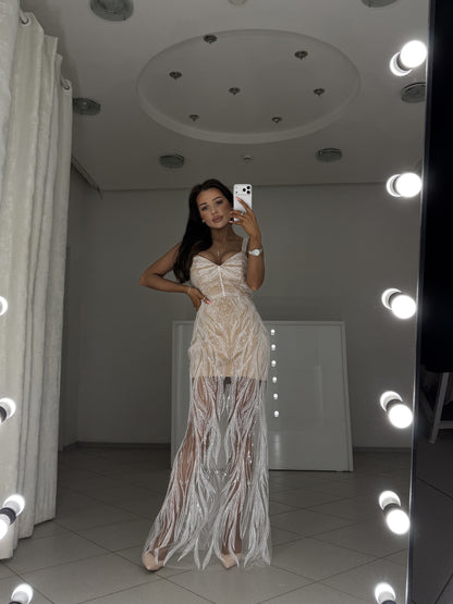 Royal evening dress in white guipure over beige crepe base - front view with adjustable beaded straps