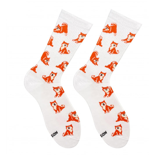 White Shiba Inu socks - pair with orange Shiba Inu dogs pattern, front view