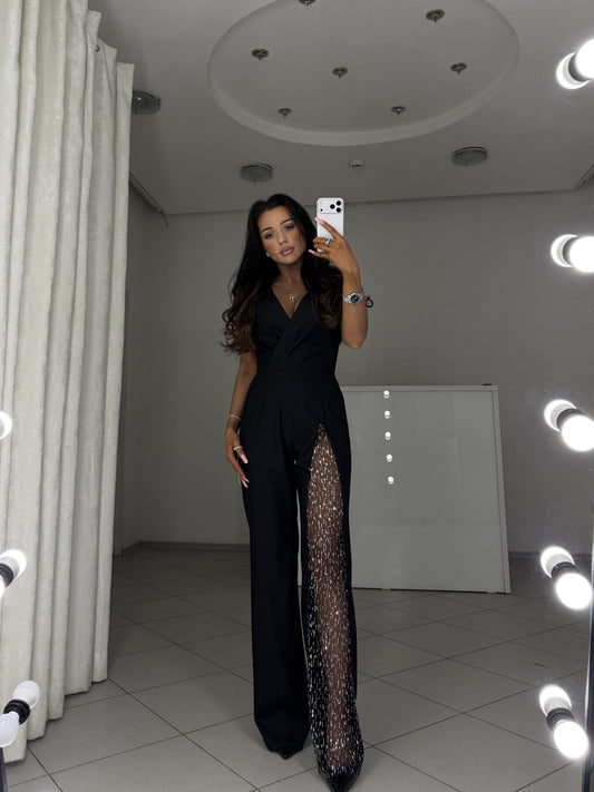 Black jumpsuit Solmira with crystal mesh insert - front view, full length