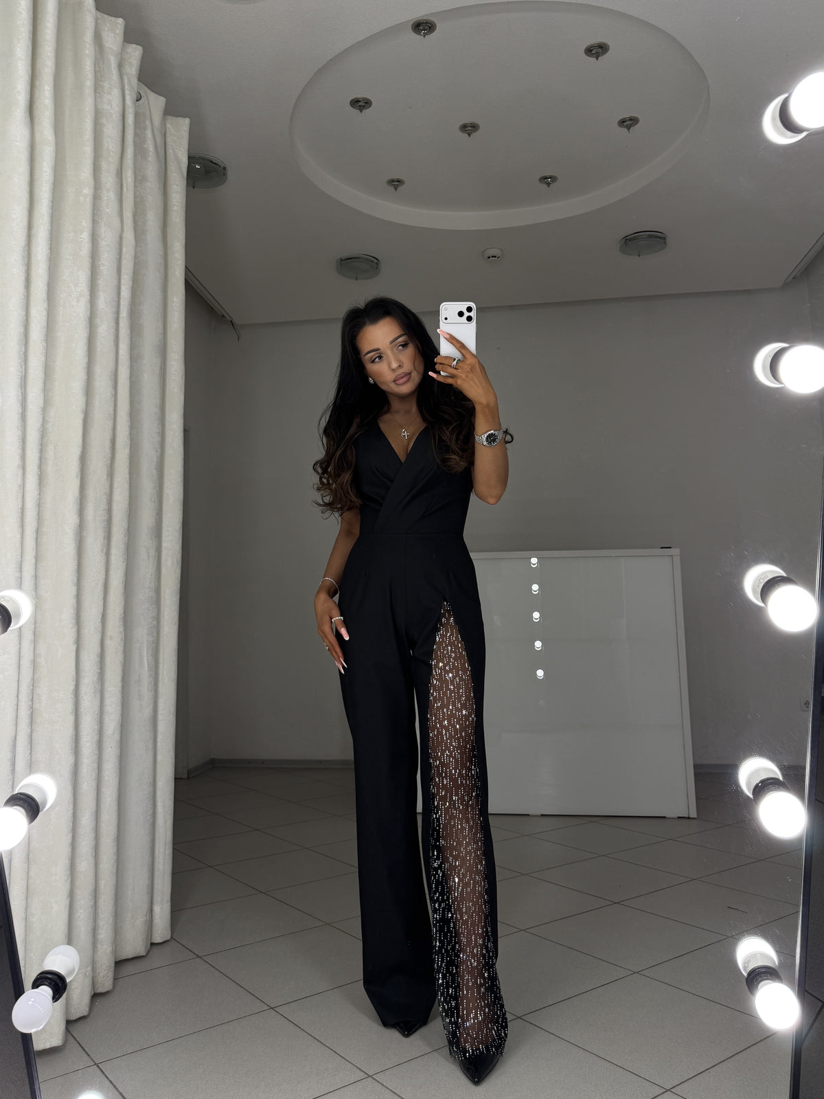 Evening jumpsuit Solmira in premium suiting fabric - full-length view
