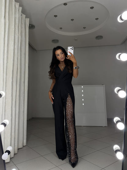 Evening jumpsuit Solmira in premium suiting fabric - full-length view