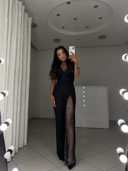 Black jumpsuit Solmira with crystal mesh insert - standing pose, full-length view