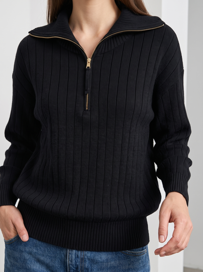 Woman wearing black ribbed knit half-zip sweatshirt, front view close-up on collar and zipper