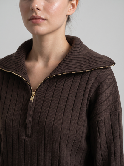Close-up of chocolate brown ribbed knit sweatshirt collar and zipper