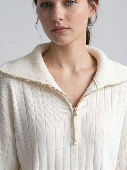 Detail of cream ribbed knit sweatshirt sleeve fold