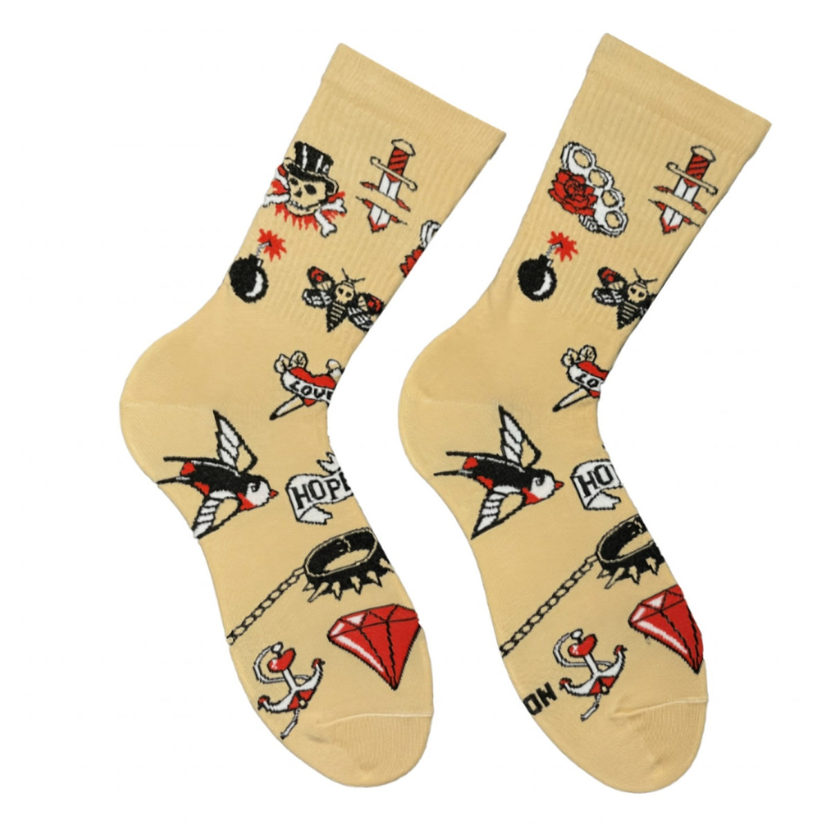 Beige Old School Tattoo socks - pair with skull, swallow, heart, dagger and anchor tattoo flash, front view