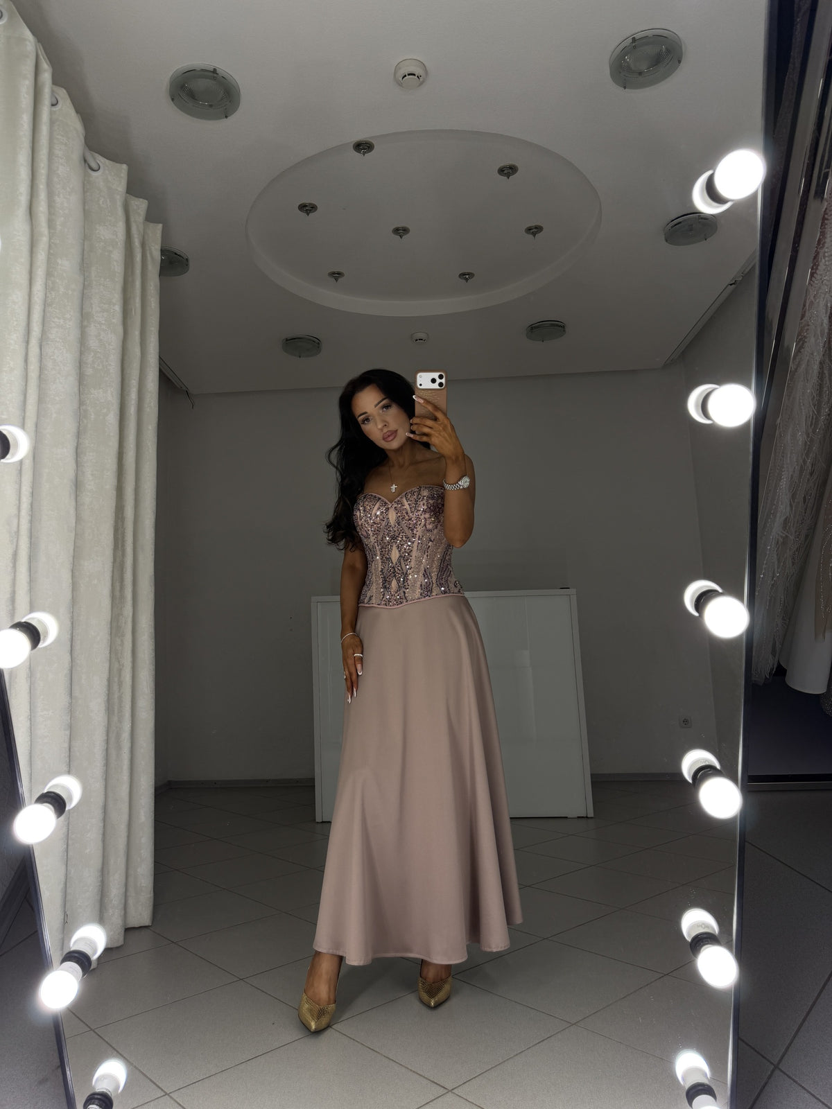 Dusty rose satin midi skirt and beaded corset set Tessa - full-length front view, hand on hip