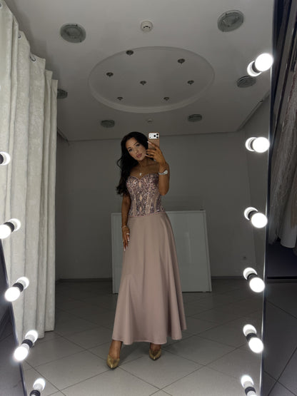 Dusty rose satin midi skirt and beaded corset set Tessa - full-length front view, hand on hip