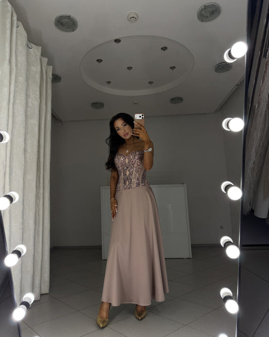 Dusty rose satin midi skirt and beaded corset set Tessa - full-length front view, hand on hip