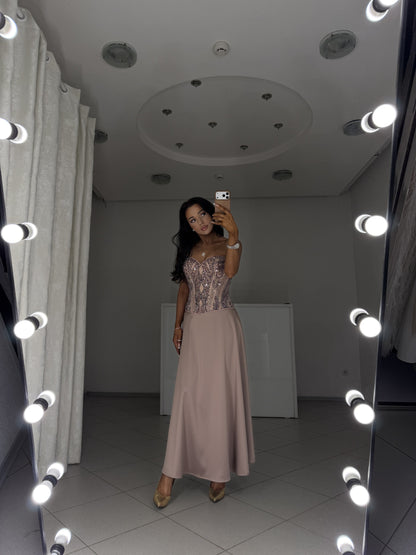 Dusty rose beaded corset with matte satin skirt Tessa - front view with head tilted