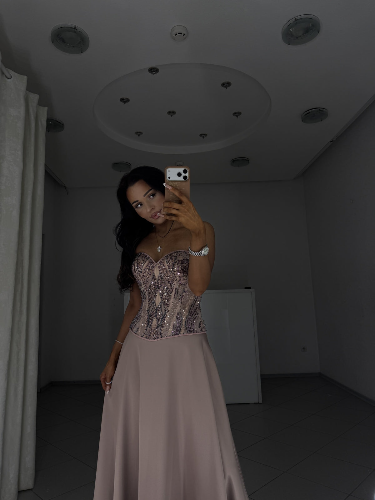 Tessa corset and midi skirt set - three-quarter view in low light