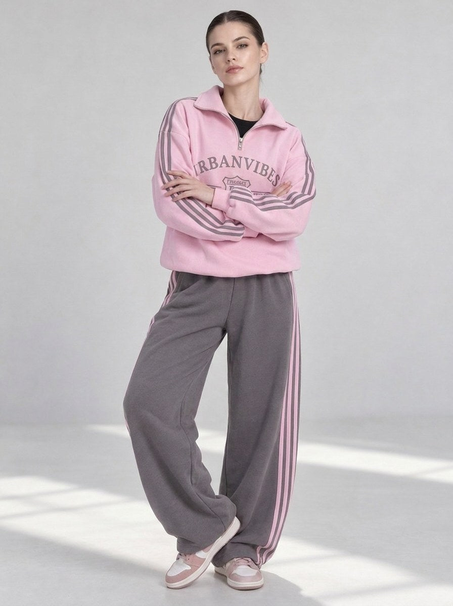 Pink half-zip sweatshirt and gray wide-leg trousers, tracksuit "Urban" - full-length front view, arms crossed
