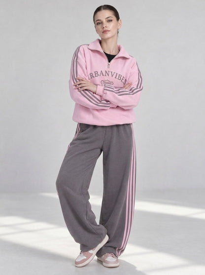 Pink half-zip sweatshirt and gray wide-leg trousers, tracksuit "Urban" - full-length front view, arms crossed