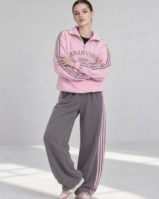 Pink half-zip sweatshirt and gray wide-leg trousers, tracksuit "Urban" - full-length front view, arms crossed