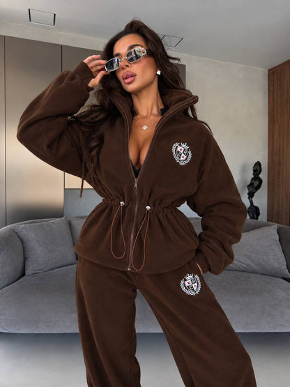 Chocolate brown fleece tracksuit "Vessa" with embroidered crest - zip jacket with drawstring waist, front view