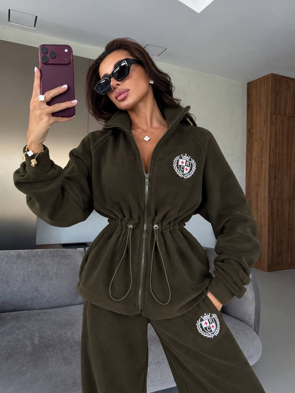 Khaki fleece tracksuit "Vessa" with embroidered crest - zip jacket with drawstring waist, front view
