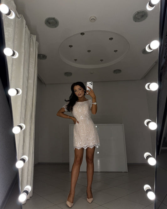 White Chantilly lace mini dress with crystals and sequins – full-length front view